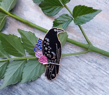 Load image into Gallery viewer, Raven Flower Enamel Pin Gothic Celestial Bird Lover - Pro Eyelash Extensions